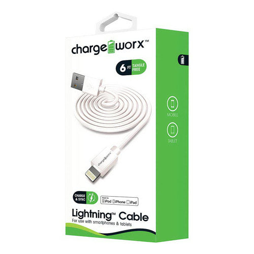 Chargeworx 6ft Lightning Sync And Charge Cable, White, 1Ea